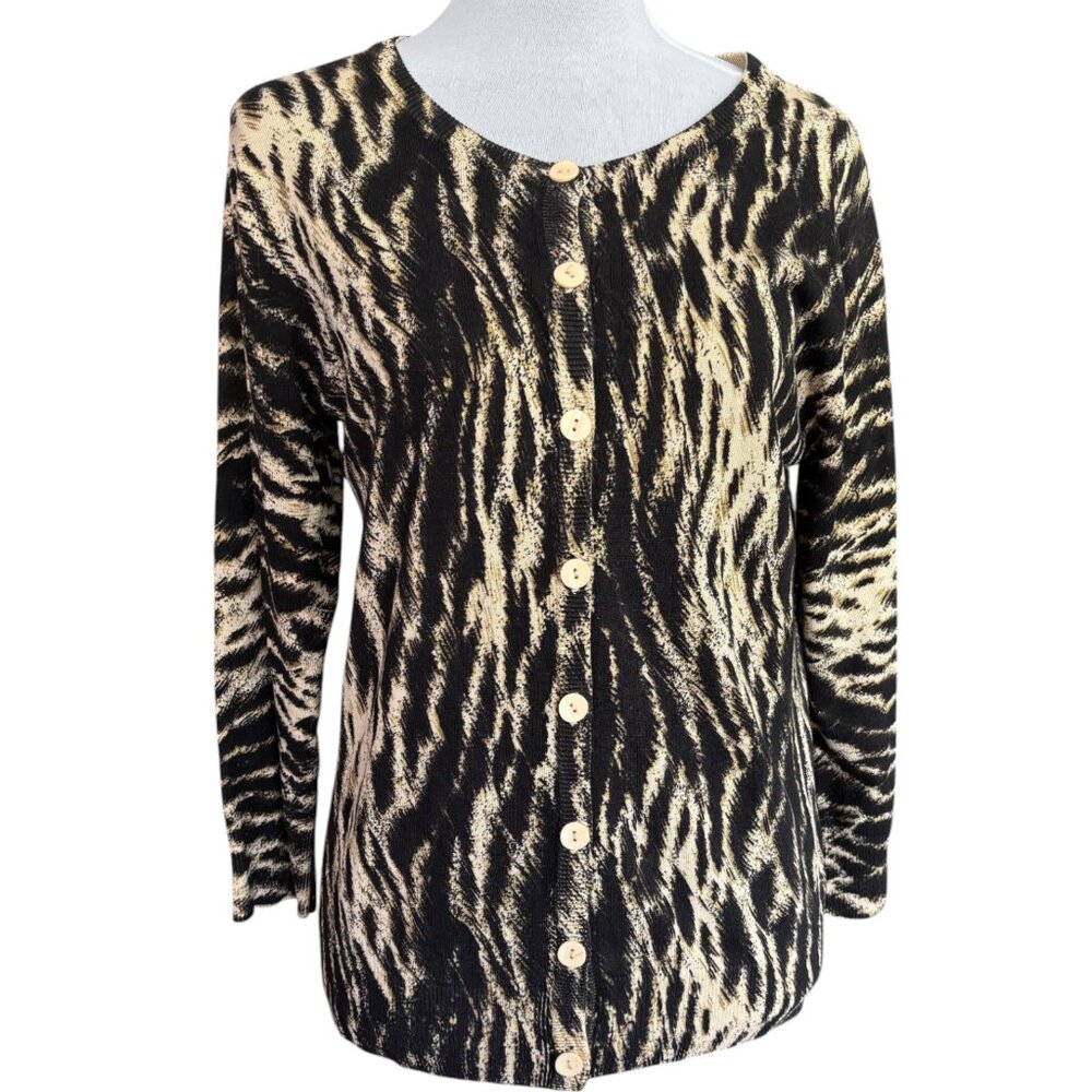 Grace women's silk blend black and tan animal print button up‎ cardigan sz S
